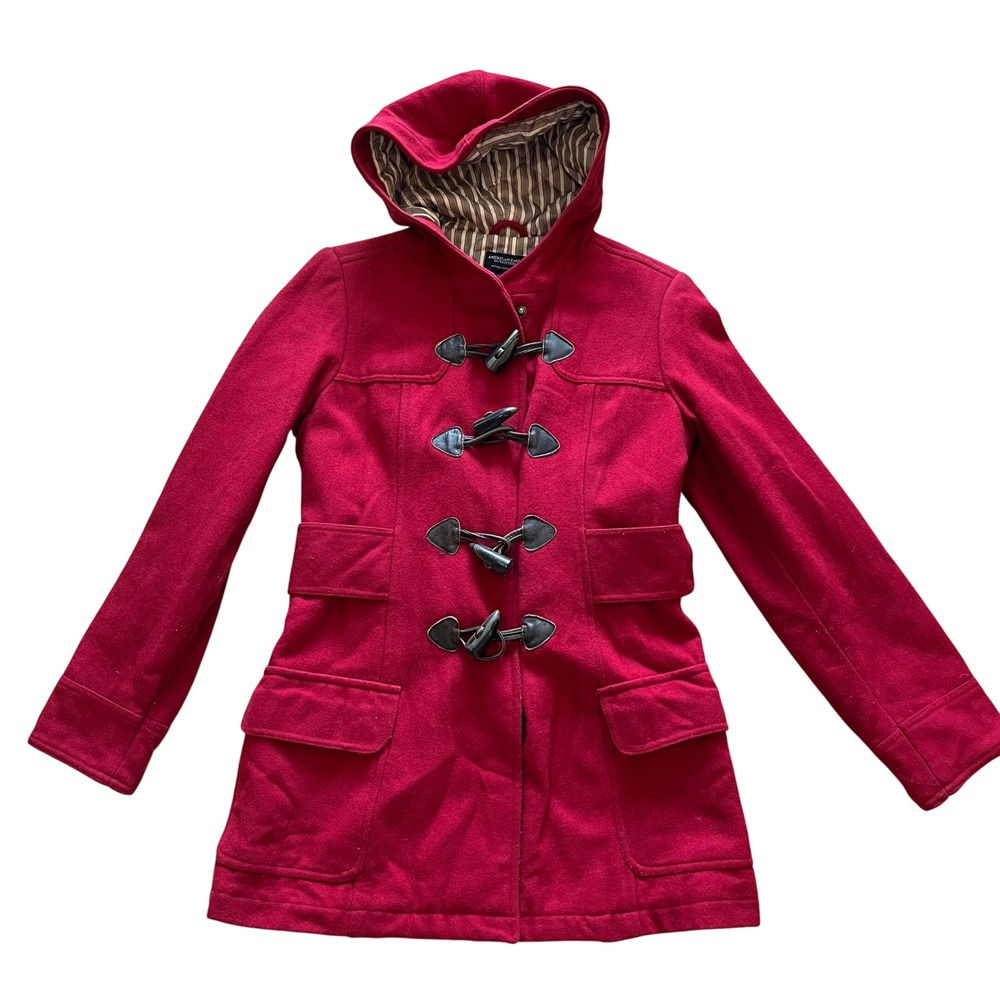 American Eagle Red Wool‎ Blend Toggle Duffle Coat Hooded Striped Lining Small